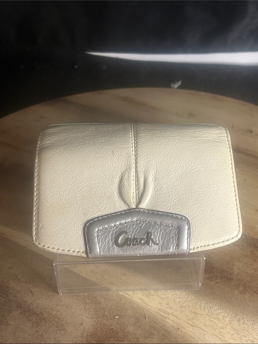 Coach Cream Leather Compact Wallet with Silver Accent